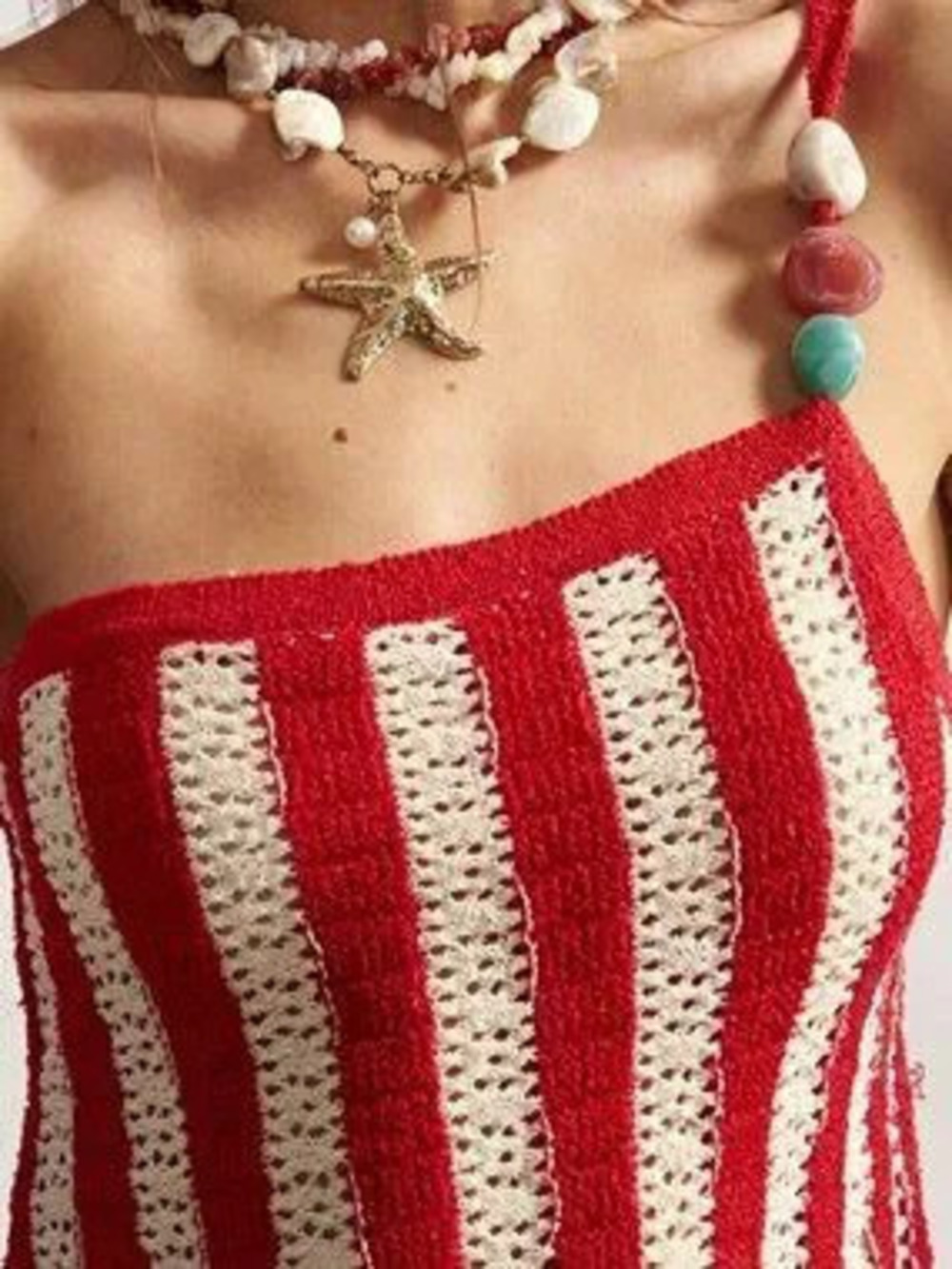 ZARA Red Boho Chic Women's Striped Asymmetric Top with Beads